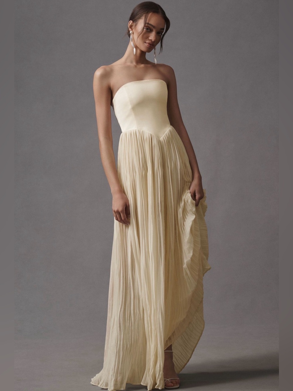 Delfie Strapless Pleated Maxi Dress in Pale Cream